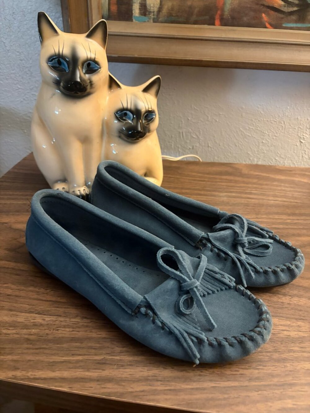 Minnetonka Suede Fringe Moccasin Shoes Women’s Size 8.5 Blue Gray Boho